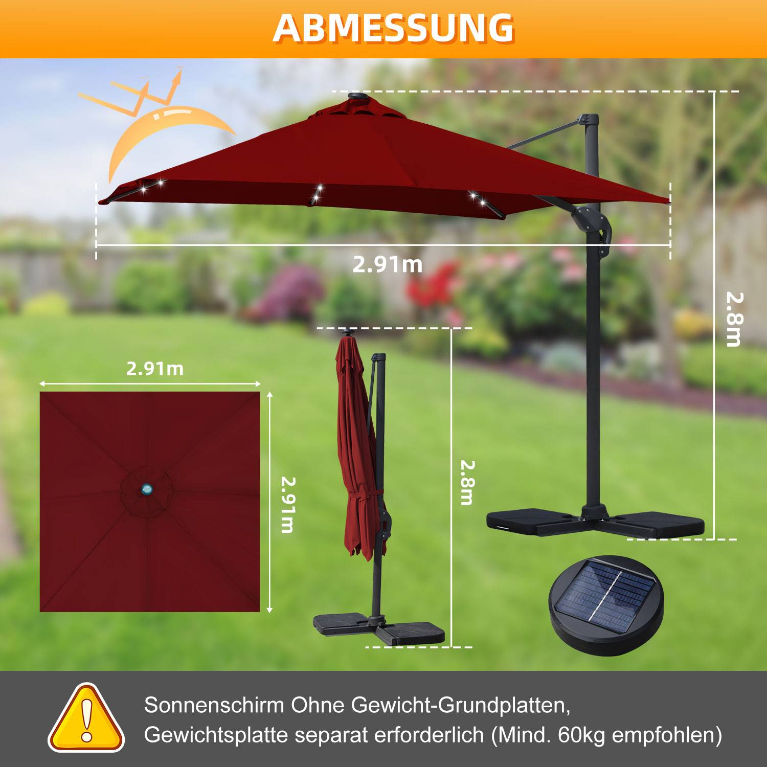 Sonnenschirm Ampelschirm Ø3m drehbar,neigbar,360° Rotation,Marktschirm,LED,Rot