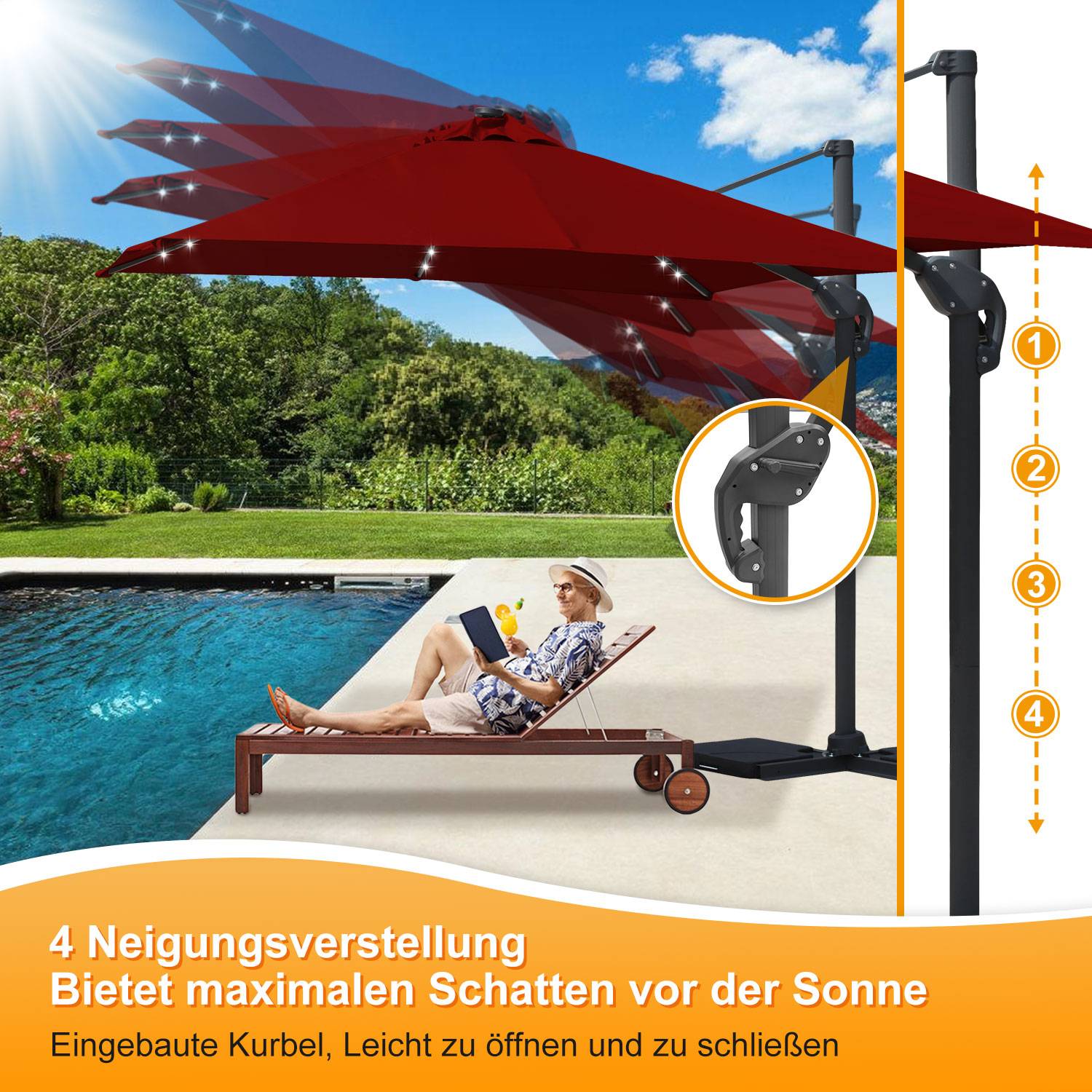 Sonnenschirm Ampelschirm Ø3m drehbar,neigbar,360° Rotation,Marktschirm,LED,Rot