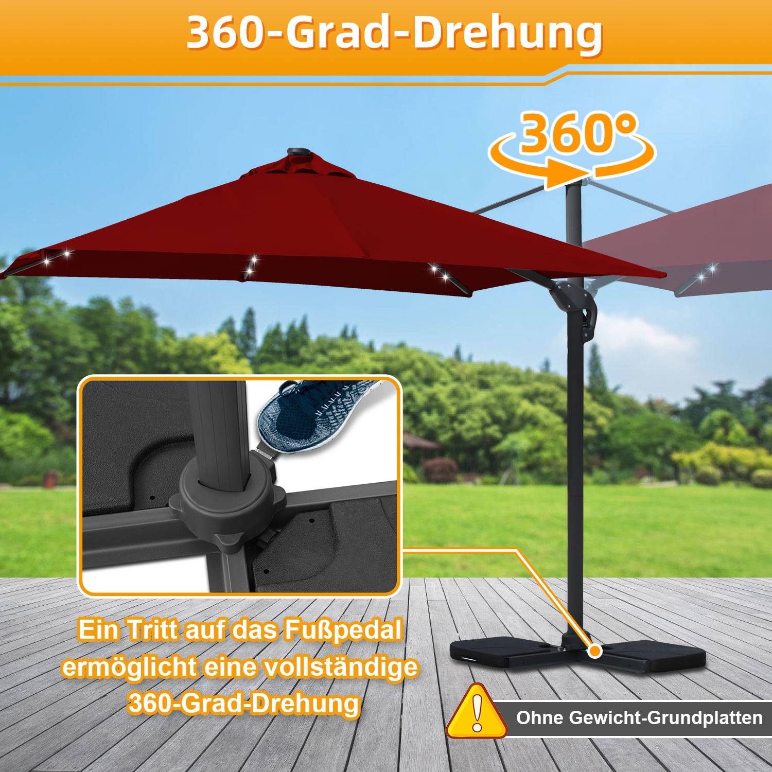 Sonnenschirm Ampelschirm Ø3m drehbar,neigbar,360° Rotation,Marktschirm,LED,Rot