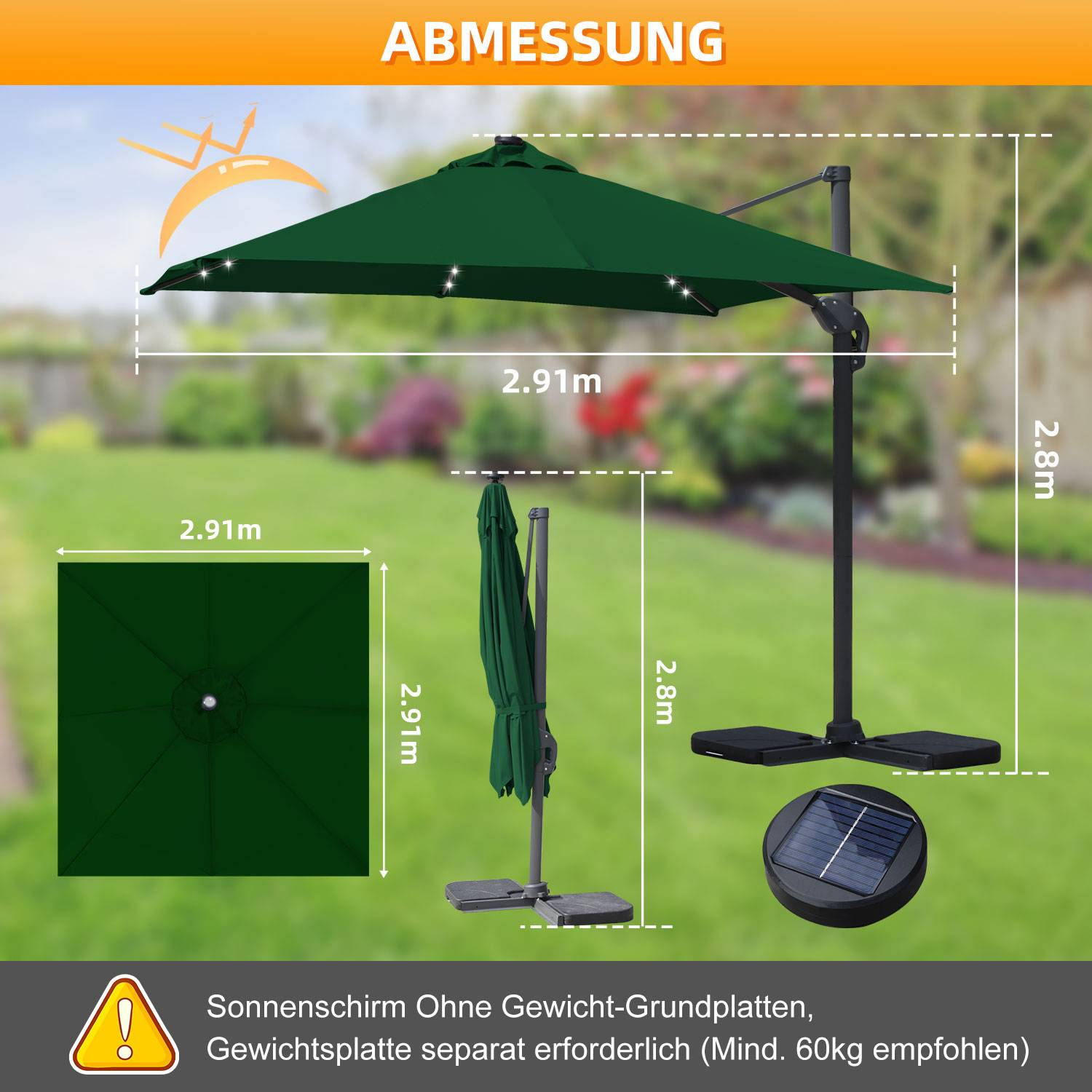 Sonnenschirm Ampelschirm Ø3m drehbar,neigbar,360° Rotation,Marktschirm,LED,Grün