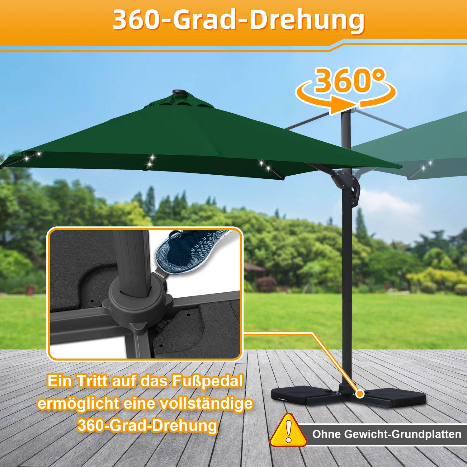 Sonnenschirm Ampelschirm Ø3m drehbar,neigbar,360° Rotation,Marktschirm,LED,Grün