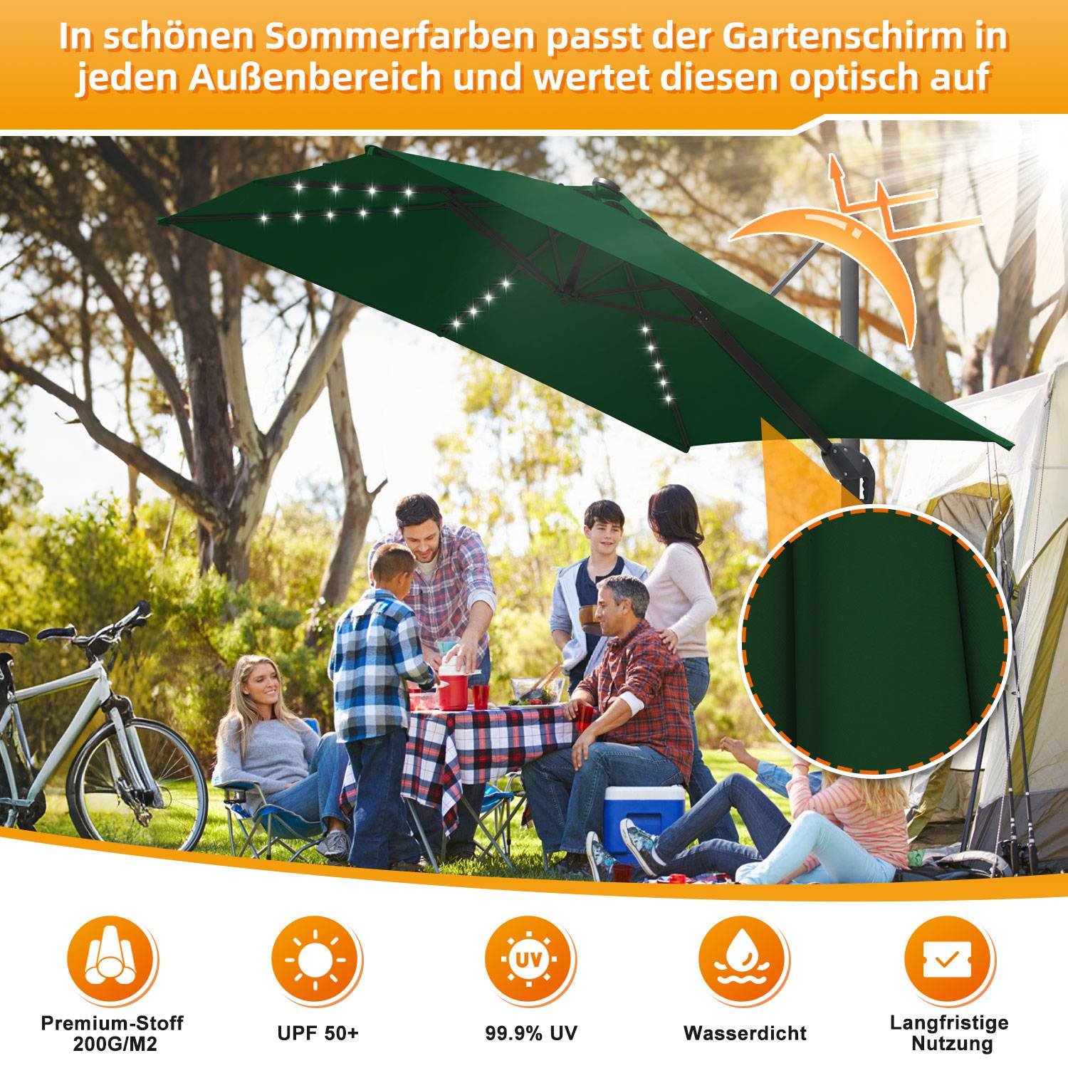 Sonnenschirm mit LED Beleuchtung Ampelschirm 300 cm Garten Schirm Pavillon - Grün