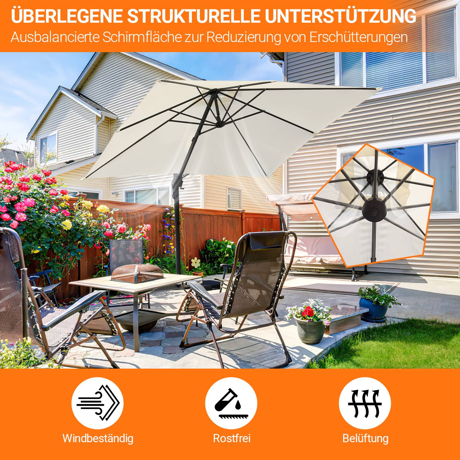 3M Sonnenschirm Quadrat Terrassenschirm mit Kurbel, UV50+ LED Beige