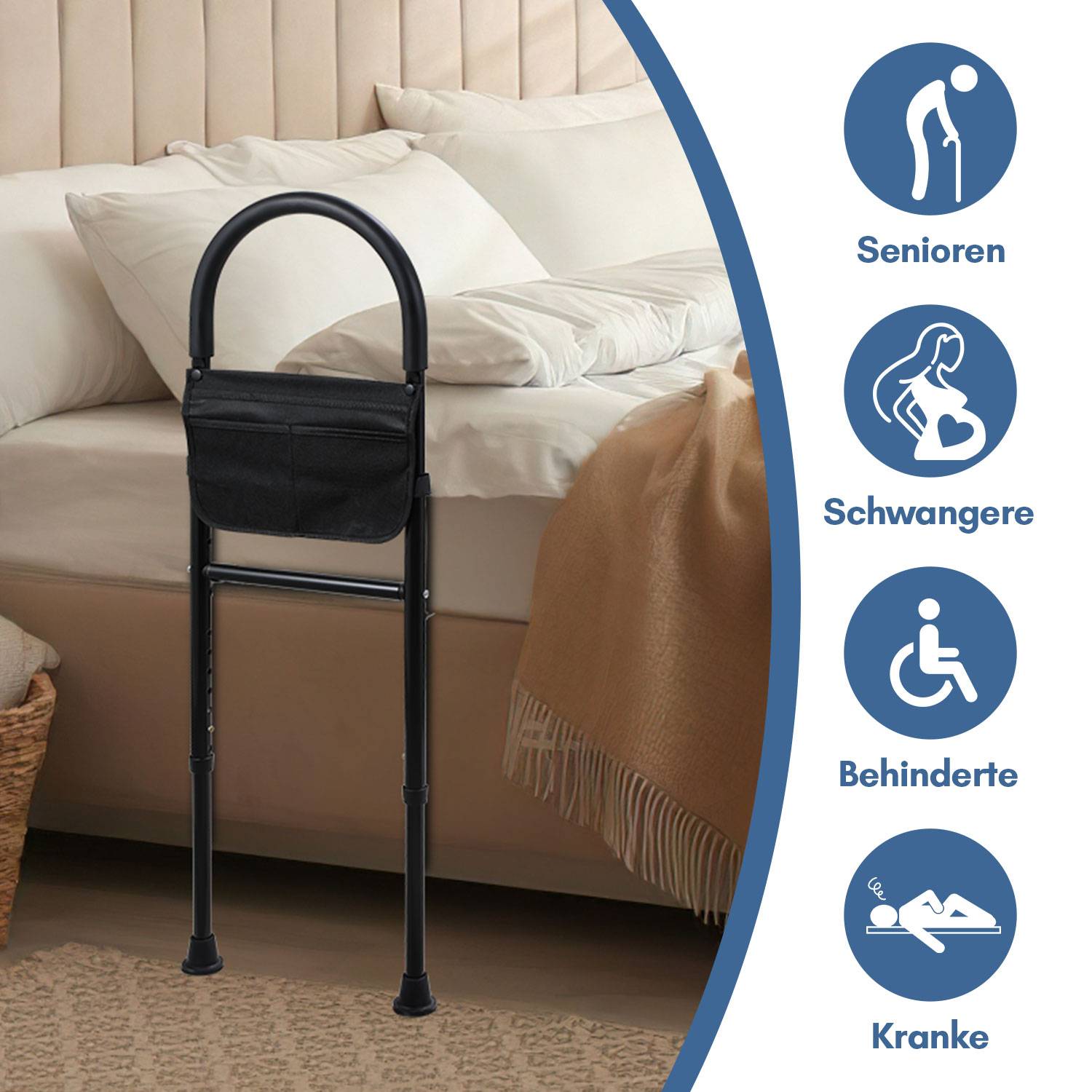 Bettgitter Aufstehhilfe bett für ältere Erwachsene Hilfsmittel Einstiegshilfe Haltegriffe Höhenverstellbar(80-104cm) Aufbewahrungstasche