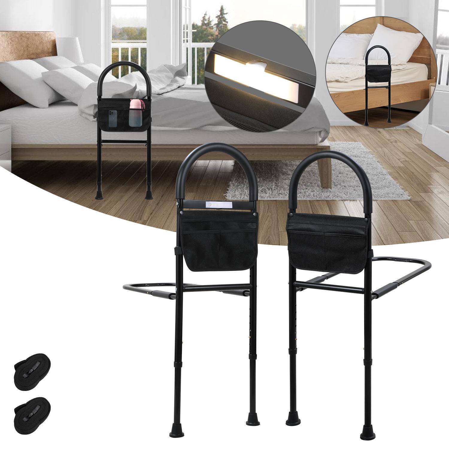 Bettgitter für Ältere Sicherheit Bettgeländer mit Lagerung Tasche und Unterstützung Beine Tragfähigkeit 150 kg