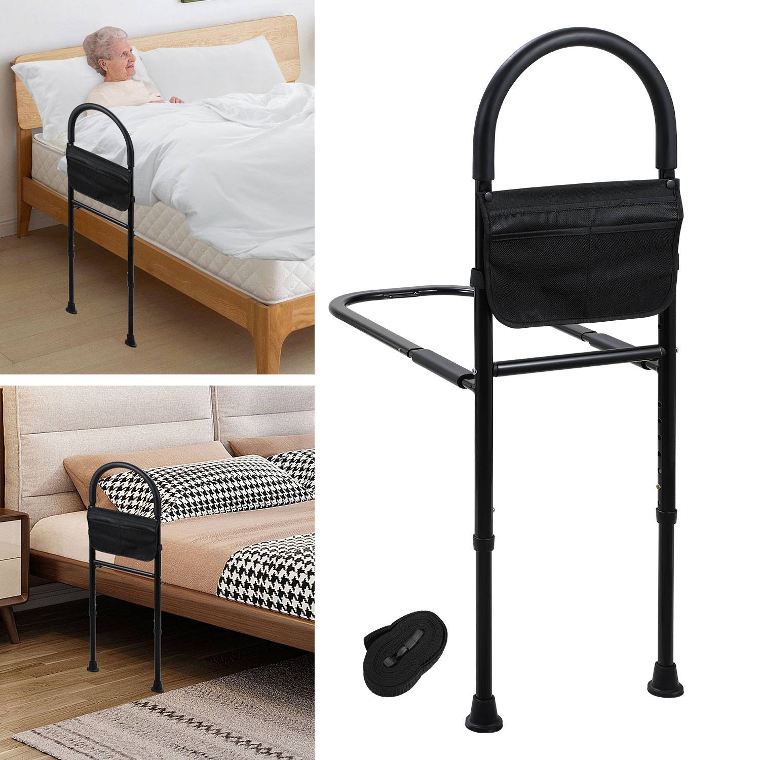 Bettgitter Aufstehhilfe Bett Haltegriffe Hilfsmittel für Senioren Verstellbare 83-113cm Anti-Rutsch mit Ablagetasche