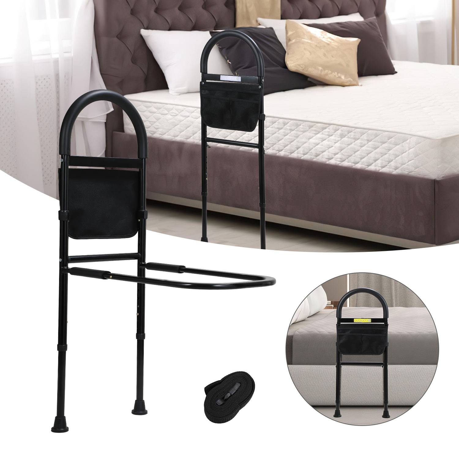 Bettgitter Aufstehhilfe Bett, Höhenverstellbar Haltegriffe Für Senioren Pflegebett Zubehör, mit Ablagetasche&Sensorlicht