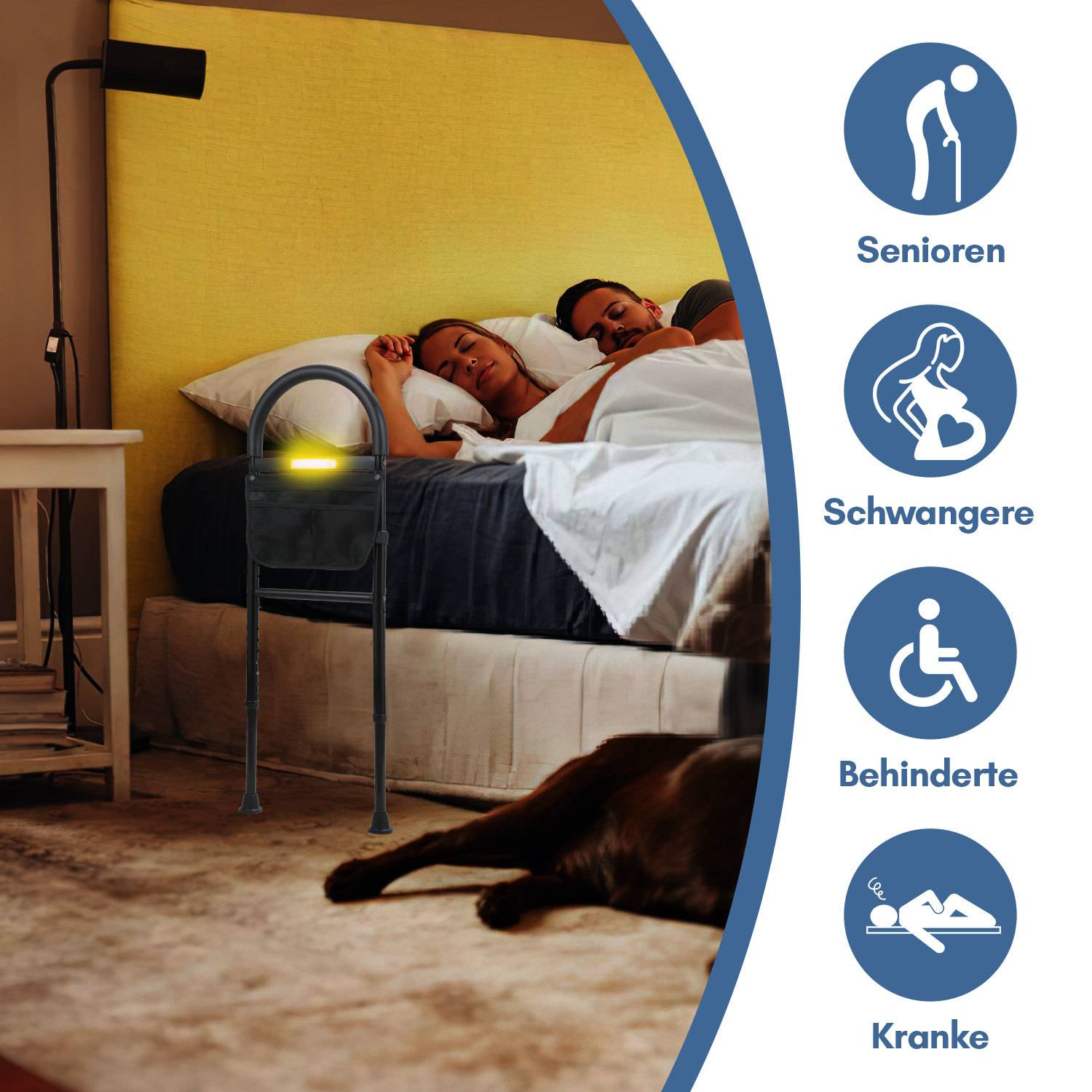 Schlafzimmerszenario mit einem älteren Mann und einer schwangeren Frau im Bett, sowie Symbole, die Senioren, schwangere Menschen, Menschen mit Behinderungen und kranke Menschen kennzeichnen.