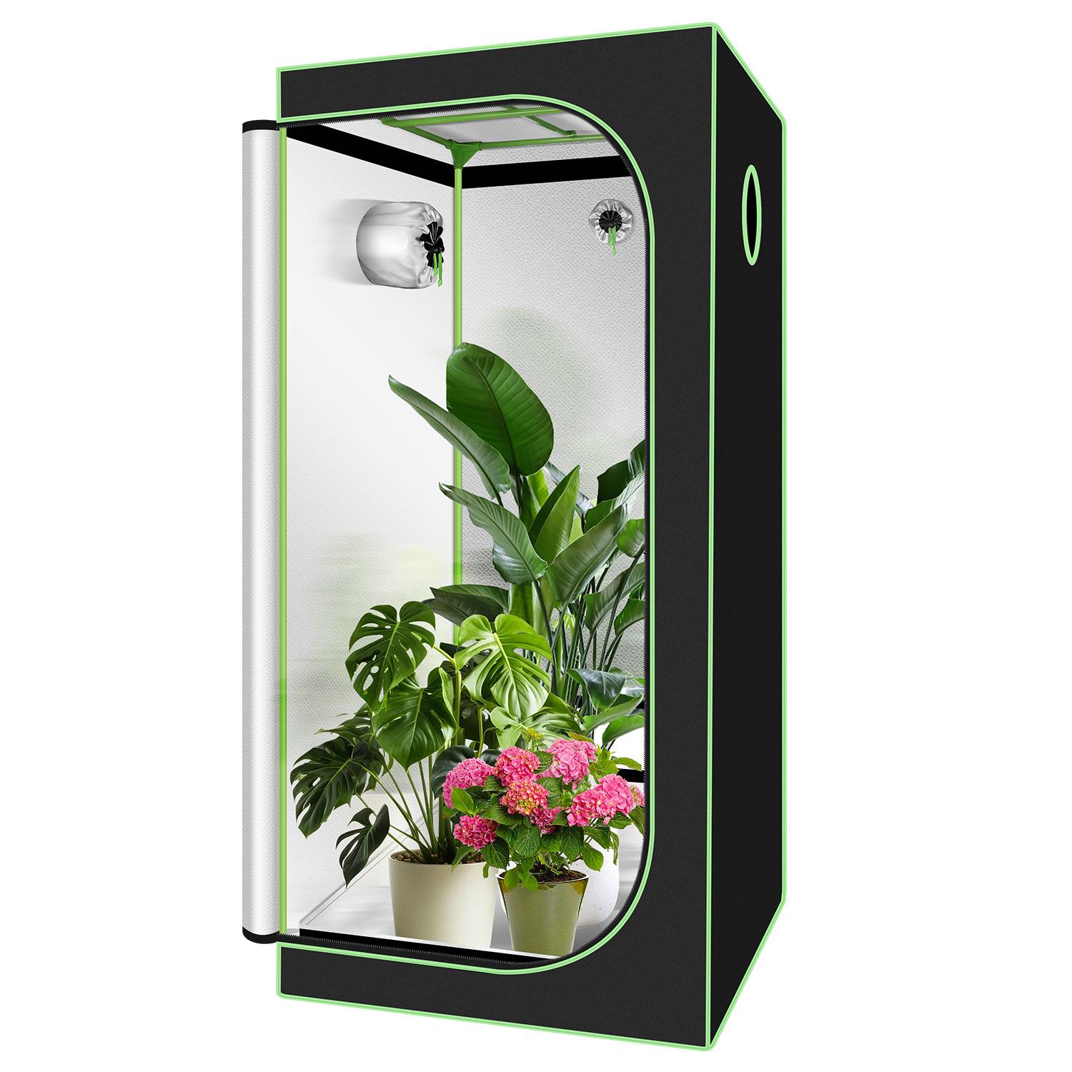 Ein kleines Indoor-Pflanzenzuchtschrank mit Glastür, LED-Beleuchtung und mehreren getopften grünen und rosa blühenden Pflanzen im Inneren.