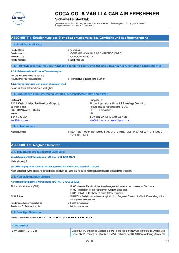 airpure Lufterfrischer Iconic Cap CC-ICONCAP-901-V Coca-Cola Vanilla