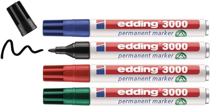 Permanentmarkerset edding 3000 schwarz/rot/blau/grün Strich-B.1,5-3mm Rundspitze