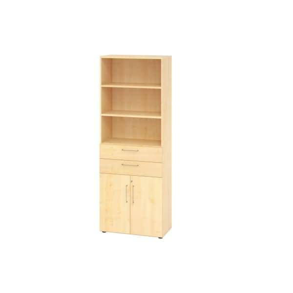 Helles Holz-Lagerschrank mit drei offenen Regalen, zwei Schubladen und zwei unteren Türen.