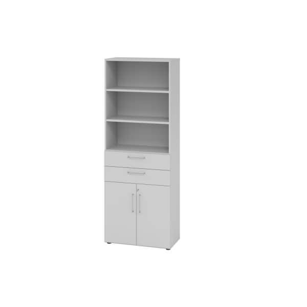 Weißer Lagerschrank mit drei offenen Regalen, zwei Schubladen und unteren Doppeltüren auf neutralem Hintergrund.