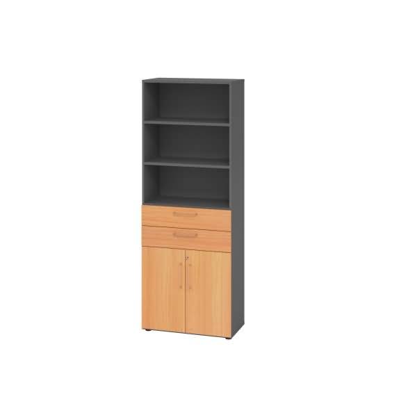 Hohes dunkelgraues und Holz-Schränkchen mit drei offenen Regalen, zwei Schubladen und doppelten unteren Türen auf weißem Hintergrund.
