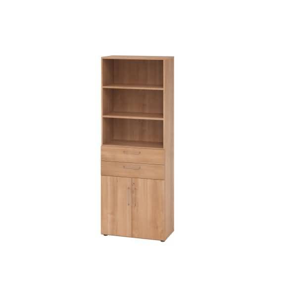 Hohes Lagerschrank aus hellem Holz mit drei offenen Regalen, zwei Schubladen und unterer zweitüriger Schrankkombination.