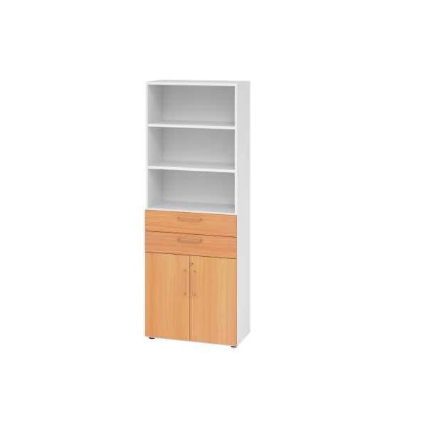 Hoher weißer Regalschrank mit drei offenen Regalen, zwei Schubladen und unteren Doppeltüren auf einem Sockel mit Holzfinish.
