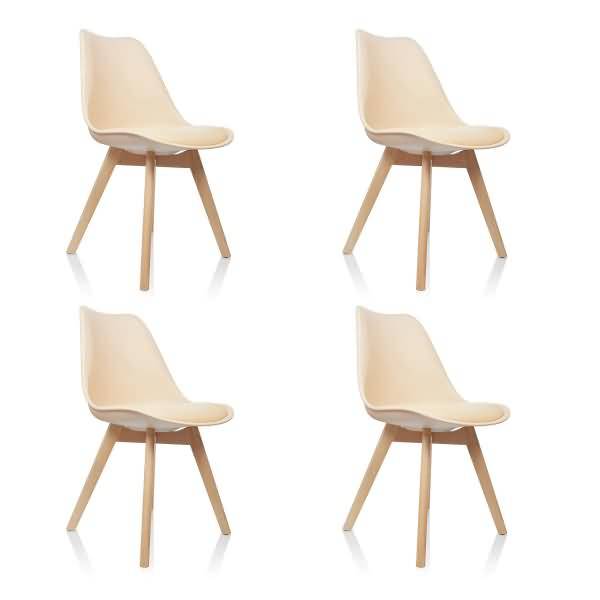 Vier beige moderne Esszimmerstühle mit Holzbeinen, auf weißem Hintergrund in einer 2x2-Anordnung gezeigt.