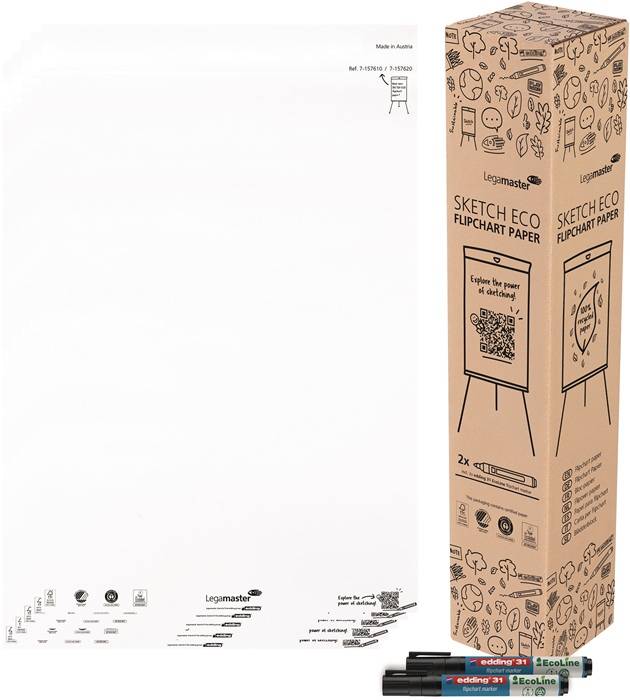 Karton mit Legamaster Sketch Eco Flipchart-Papier mit einem großen weißen Flipchart-Block daneben, das das Produkt und die Verpackung zeigt.