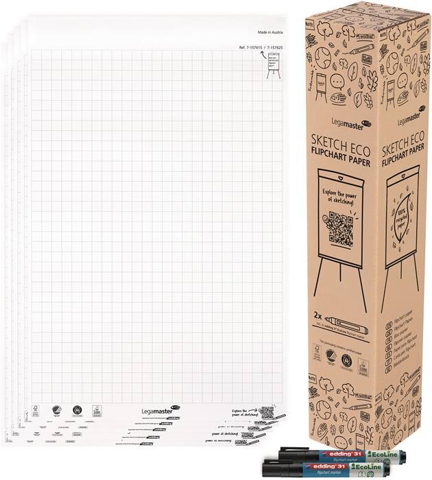 Leeres Gitter-Flipchartpapier-Pad neben einem Karton mit der Aufschrift 