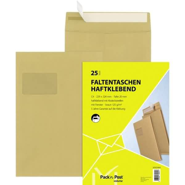Faltentasche C4 haftklebend mit Fenster 20mm Falte braun 25 Stück