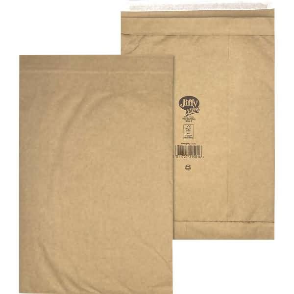 Zwei braune Kraft-Versandhüllen, eine Vorderseite und eine Rückseite, zeigen ein gepolstertes Versandpaket mit Logo und Barcode.