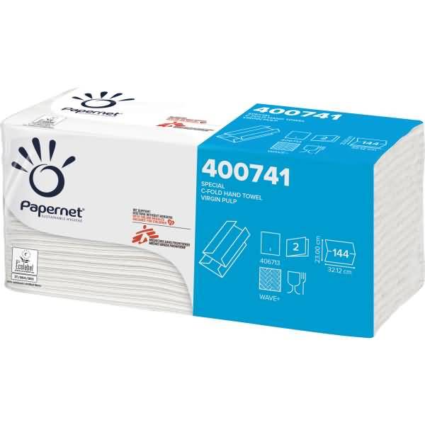 Packung Papernet C-Fold Handtücher, weiße Papiertücher in einem blau-weißen Markenbündel mit der Bezeichnung „400741