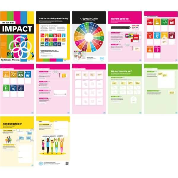 Collage farbenfroher Arbeitsblattseiten für einen Nachhaltigkeitsworkshop, einschließlich des Rades der „17 globalen Ziele