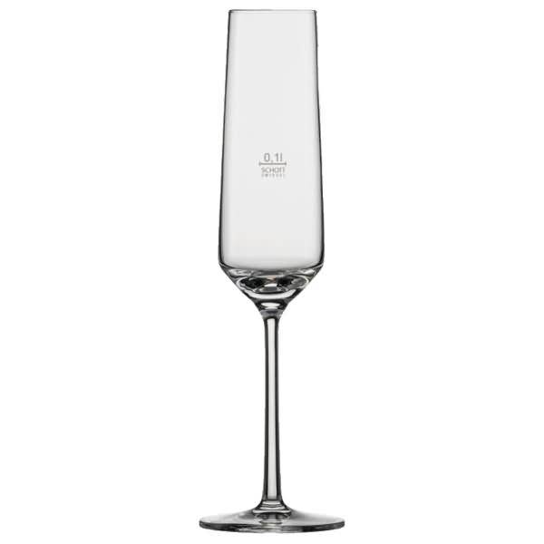 Hohes, klares Champagnerglas mit schlankem Stiel und rundem Fuß, mit der Aufschrift „0,1l