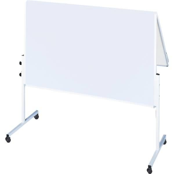 Tragbares Whiteboard auf einem fahrbaren Metallständer mit einer großen leeren Schreibfläche, abgebildet vor einem einfachen weißen Hintergrund.