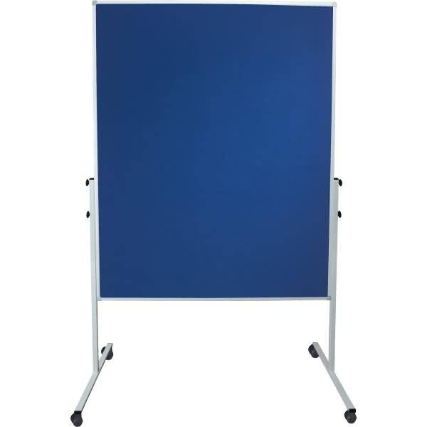 Blauer freistehender Bürotrennwand-Sichtschutz auf einem Metallrahmen mit vier Beinen.