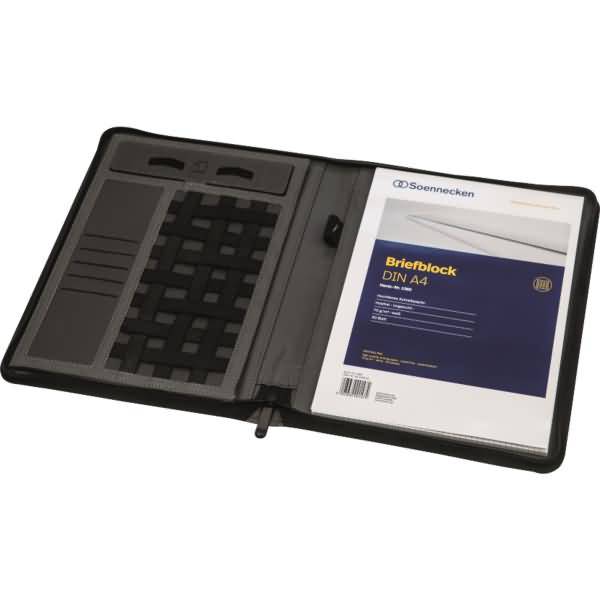 Offene schwarze Aktentasche mit Reißverschluss und Organizertaschen, die einen „Briefblock DIN A4