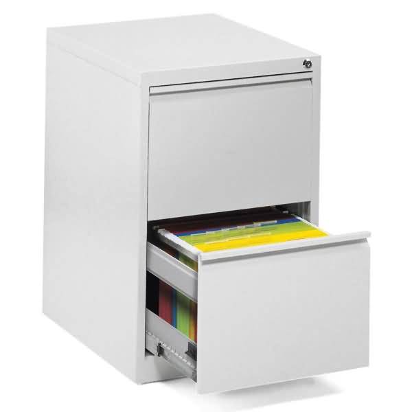 Weiße Aktenschrank mit einer offenen unteren Schublade, die bunte hängende Ordner enthält.