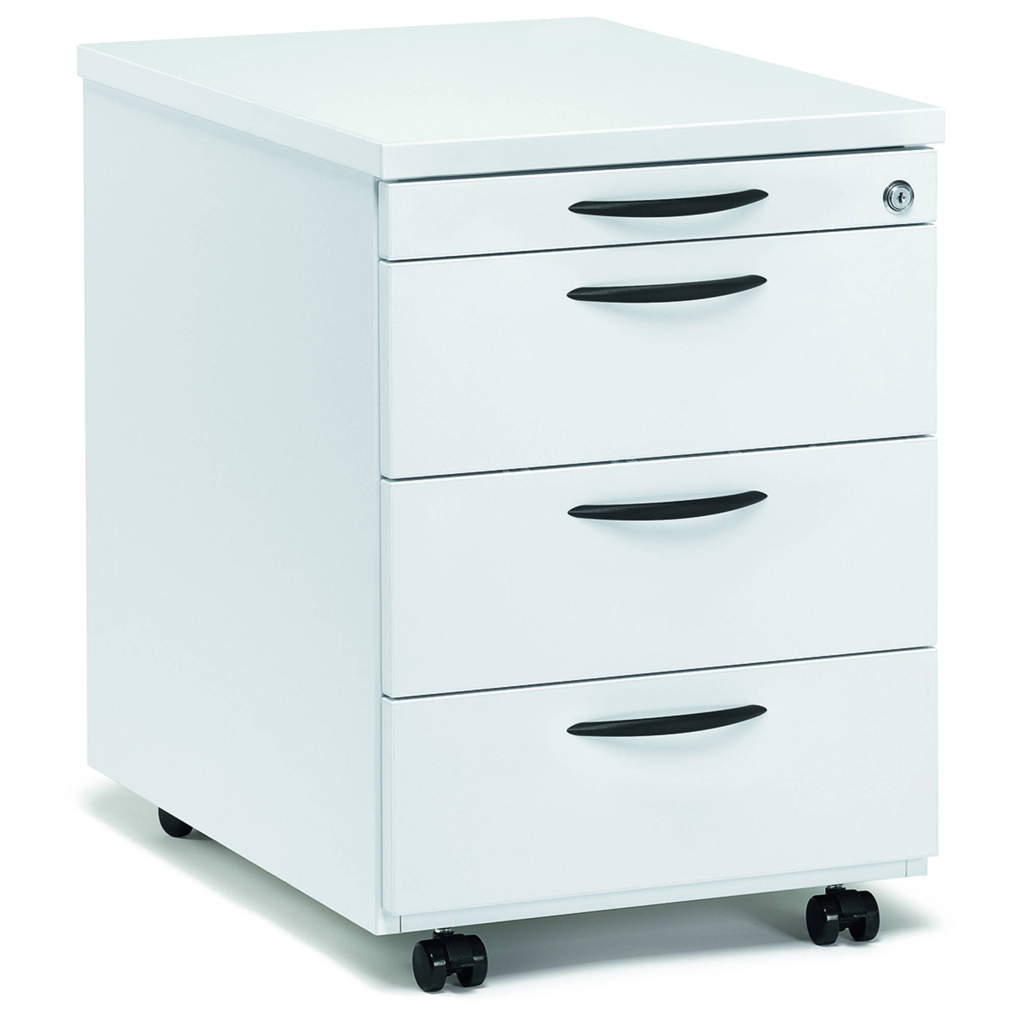 Ein weißer, fahrbarer Aktenschrank mit vier Schubladen, schwarzen Griffen und einem Schloss an der oberen Schublade.