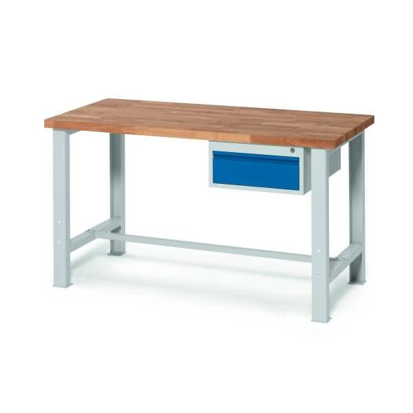 Arbeitstisch mit Holzplatte, grauem Metallrahmen und einer kleinen blauen Schublade darunter.