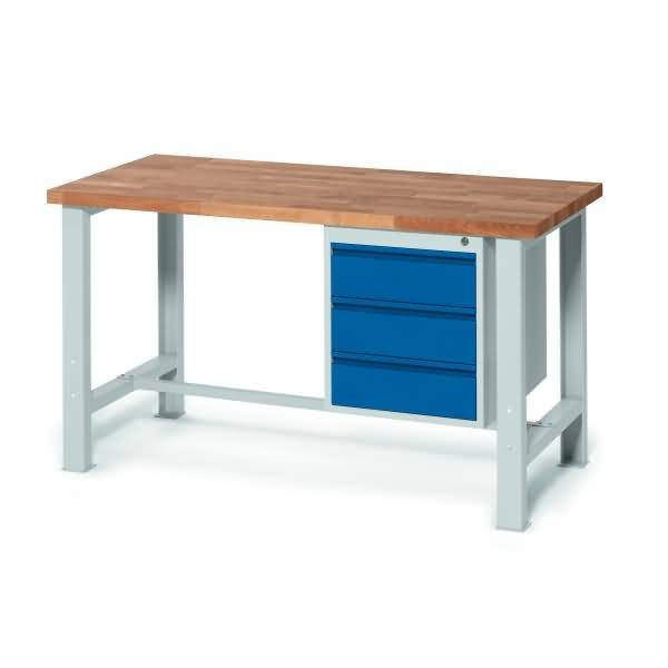 Werkbank mit Holzplatte, grauen Metallbeinen und blauem Schrank mit drei Schubladen darunter.