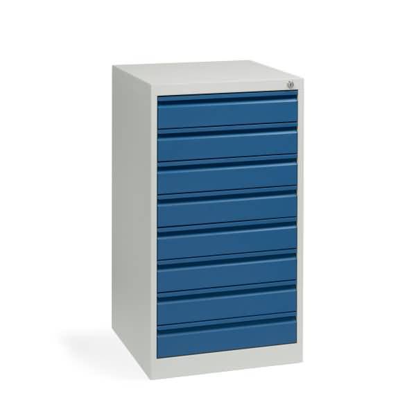 Blaues Metalllagerschrank mit sieben Schubladen und einem hellgrauen Rahmen, auf weißem Hintergrund dargestellt.