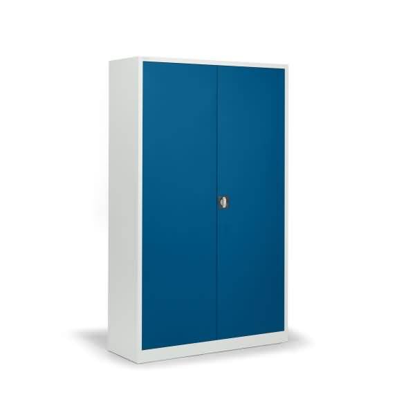Blauer zweitüriger Speicherschrank mit kleinem zentralem Griff, gezeigt auf weißem Hintergrund.