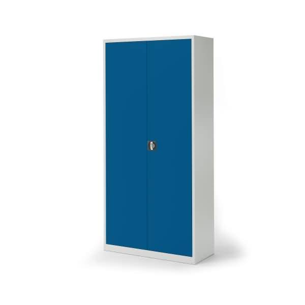 Blauer Metalllagerschrank mit Doppeltüren und Schloss, auf weißem Hintergrund dargestellt.