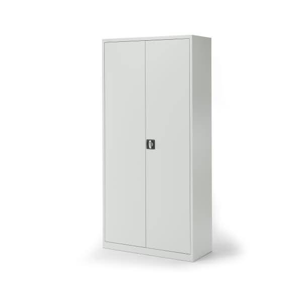 Weißer zweitüriger Metalllagerschrank mit einem kleinen zentrierten Schloss auf einfachem weißem Hintergrund.