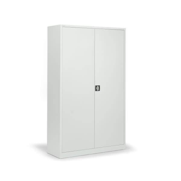 Weißer zweitüriger Lagerschrank mit einem kleinen zentralen Schloss auf einem einfachen weißen Hintergrund.