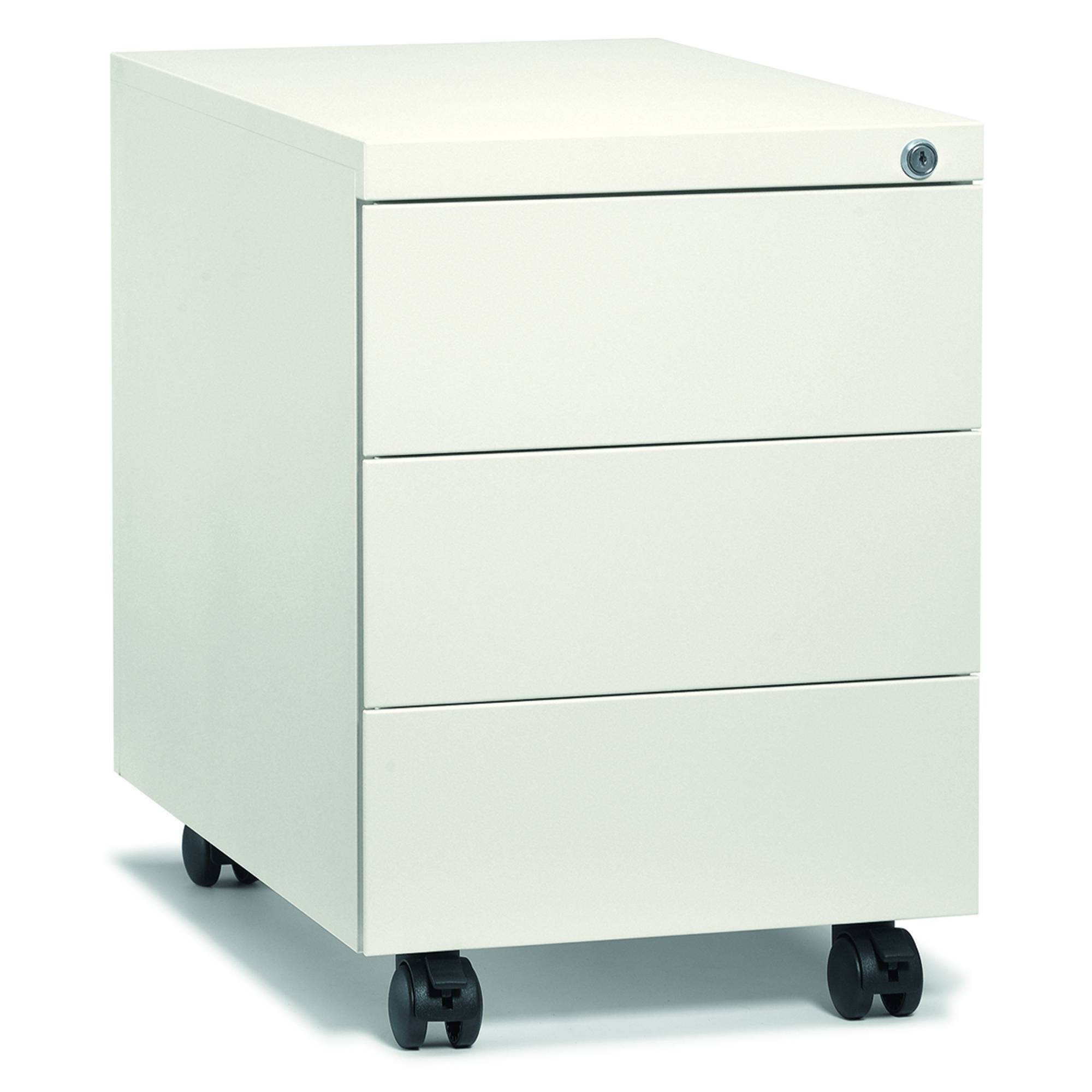 Ein weißes mobiles Aufbewahrungsunterschrank mit drei Schubladen und Rollen, konzipiert für den Bürogebrauch.