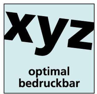 Hellblaues quadratisches Logo mit großem schwarzem 'xyz' und den Worten 'optimal bedruckbar' darunter.
