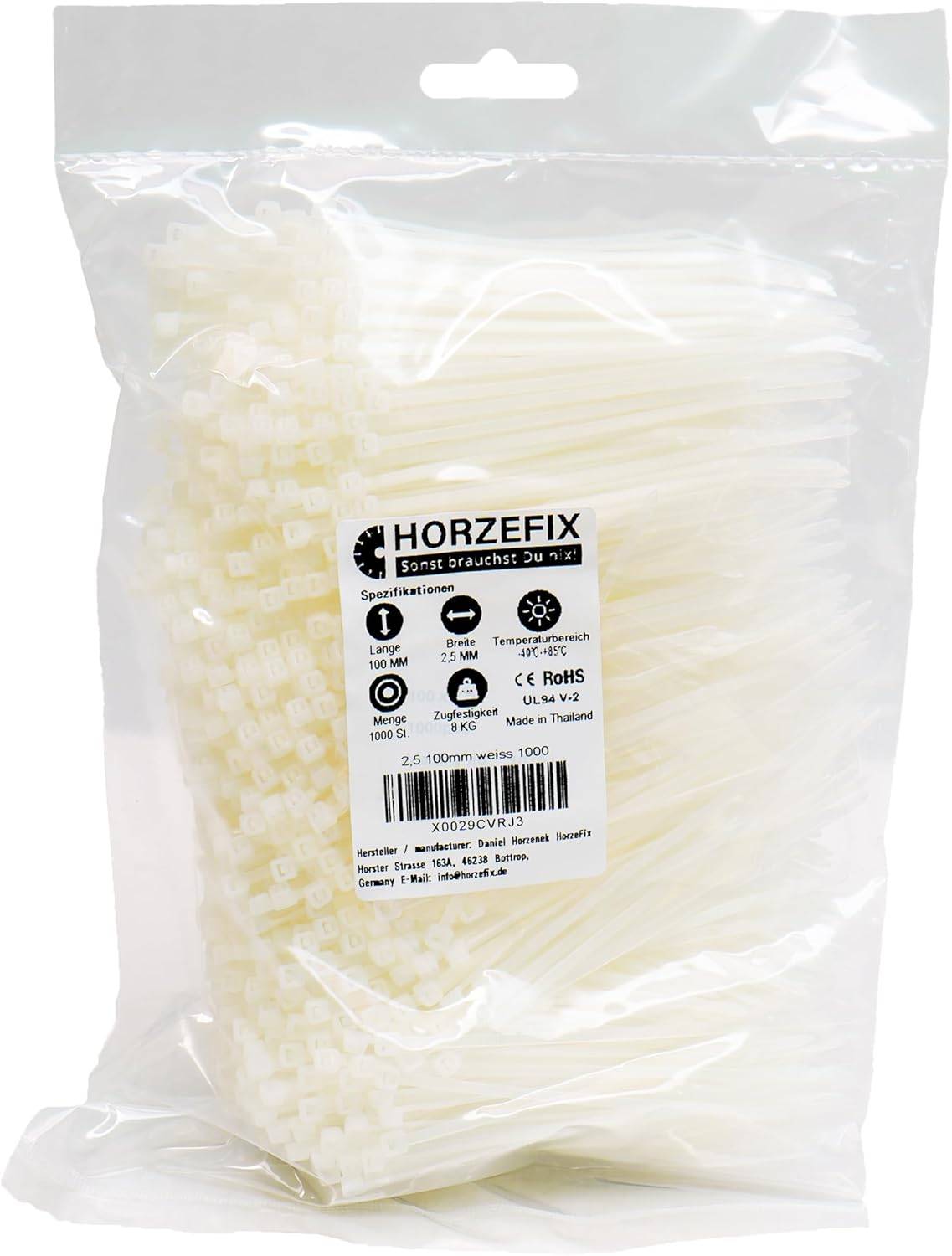 HorzeFix Kabelbinder Natur Set 1000 Stück 2,5 x 100mm UV-Beständig Temperaturbeständig