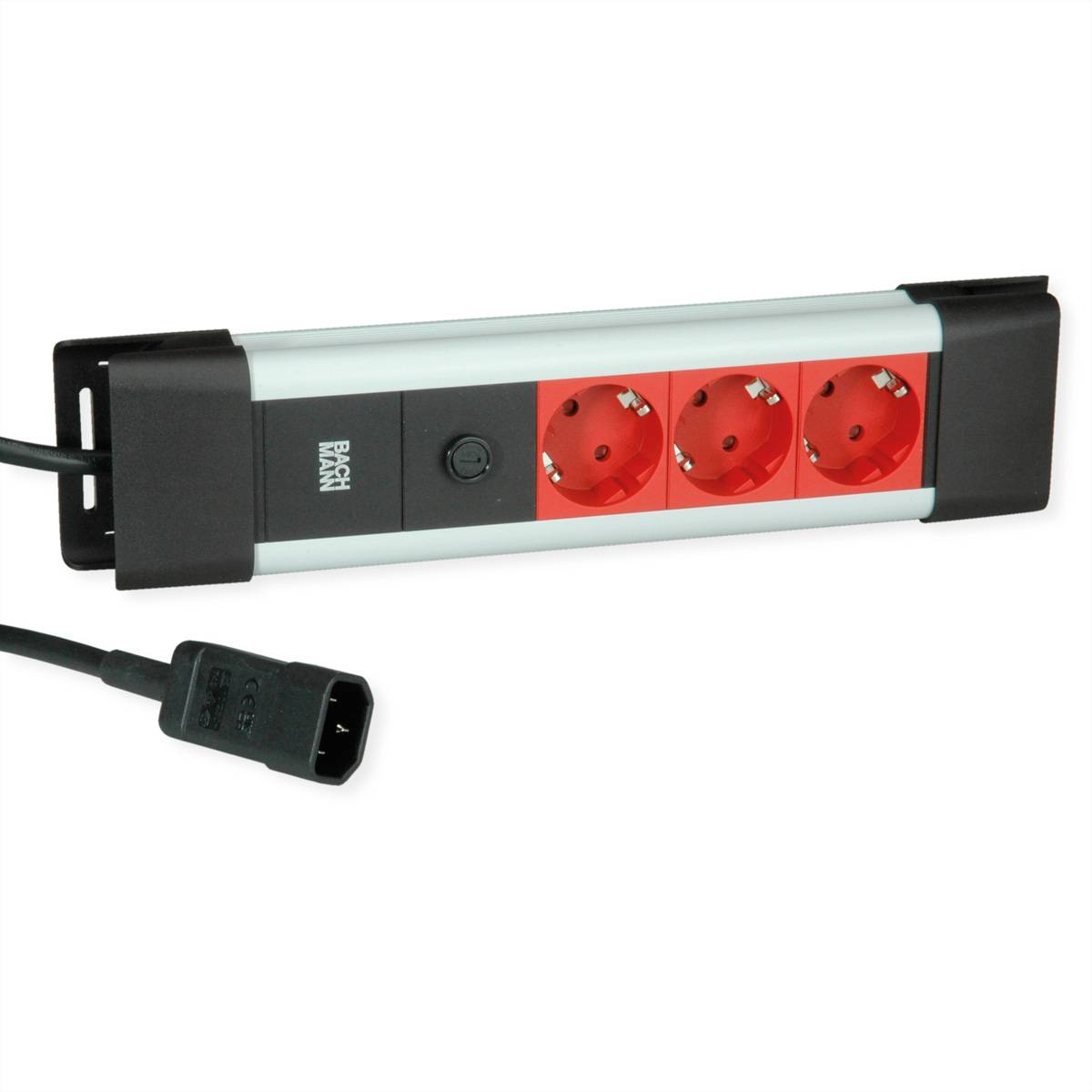 Mehrfachsteckdose mit drei roten Steckdosen und einem schwarzen Ein-Aus-Schalter, mit einem schwarzen Netzstecker auf der linken Seite.
