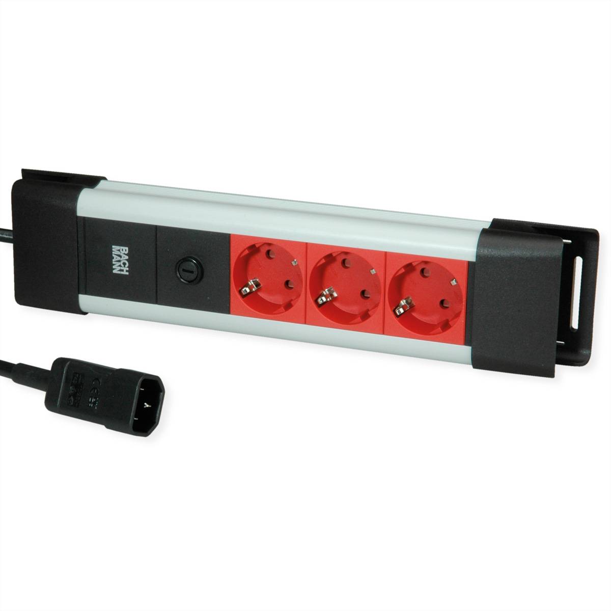 Ein Steckdosenleiste mit drei roten Steckdosen und angeschlossenem Netzkabel, konzipiert für elektrische Anschlüsse.