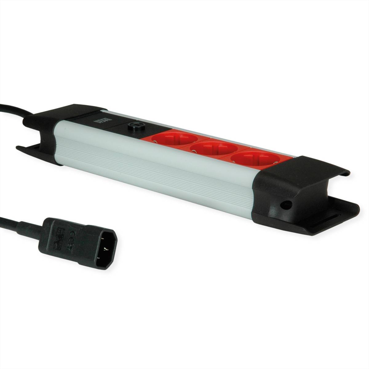 Ein Mehrfachsteckdosenleiste mit sechs roten Steckdosen und schwarzen Endkappen wird auf weißem Hintergrund gezeigt. Von einem Ende ragt ein schwarzes Netzkabel heraus.