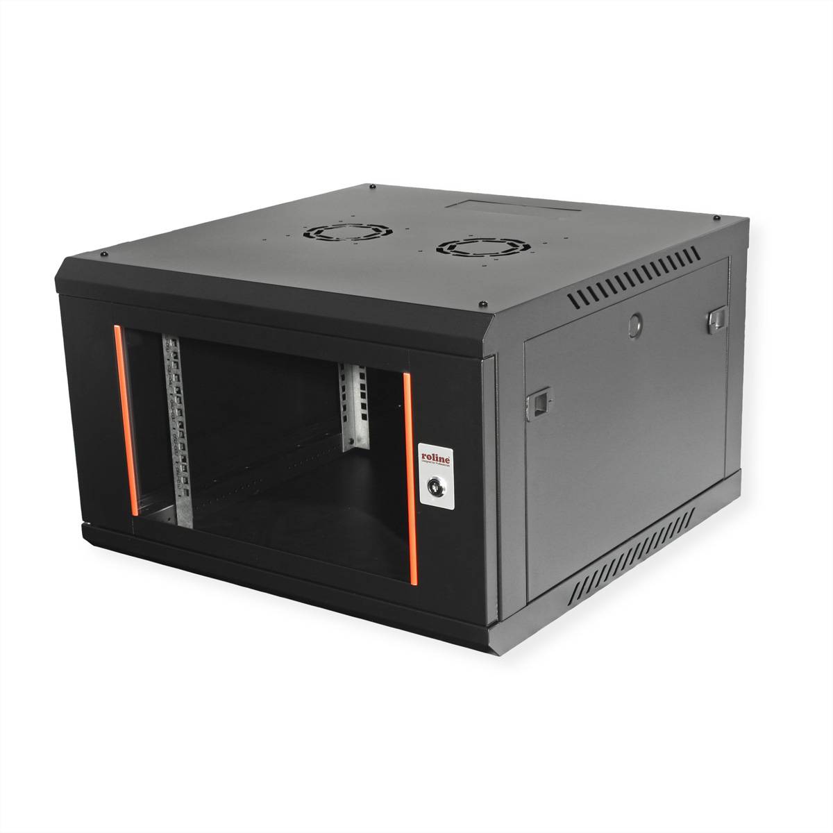 Ein schwarzer wandmontierter Netzwerkschrank mit transparenter Frontür, geeignet zur Organisation und zum Schutz von Servergeräten im Büro.