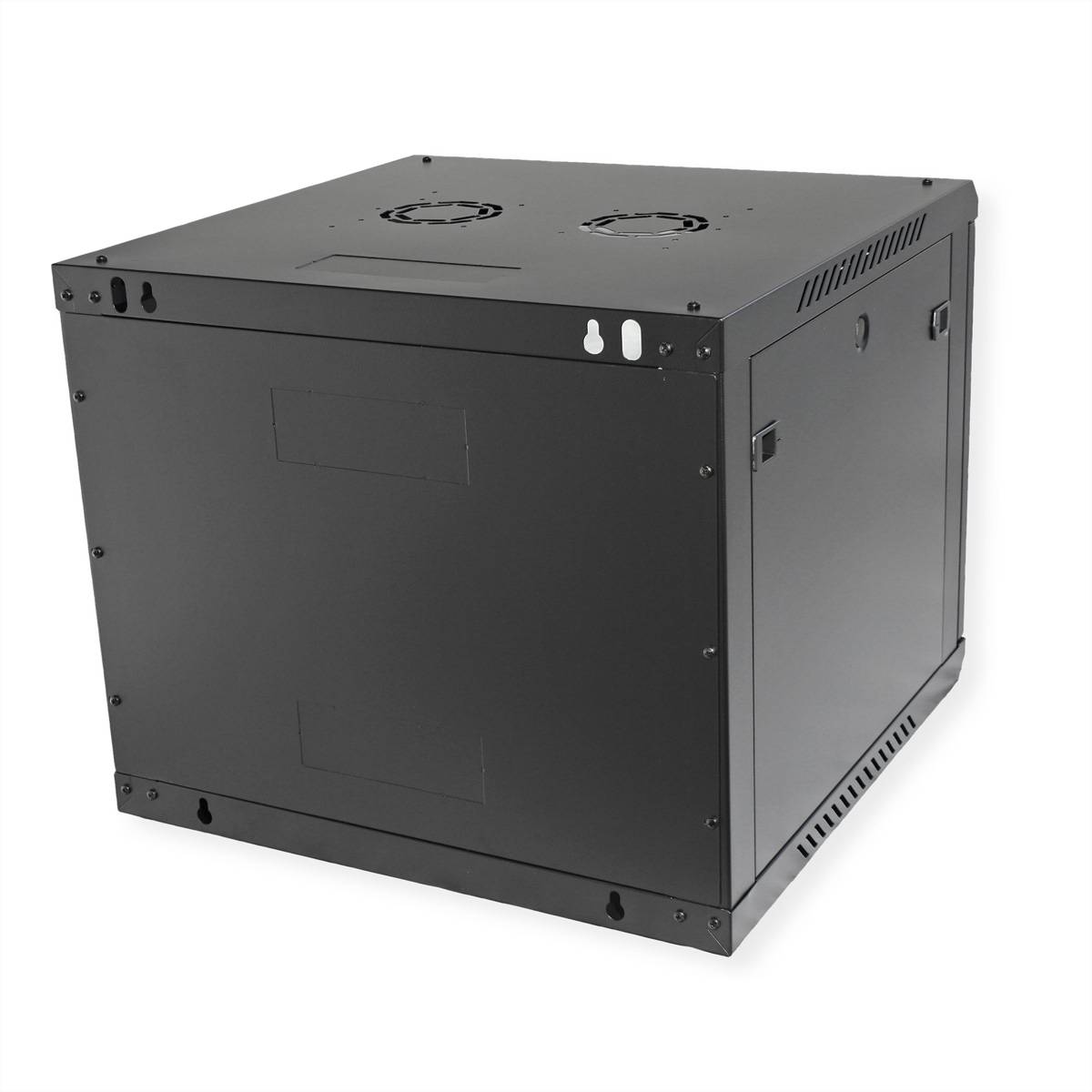 Ein schwarzer IT-Serverrack-Schrank mit Kühlventilatoren oben. Er wirkt geschlossen und gesichert, konzipiert zur Aufnahme von Netzwerkausrüstung.