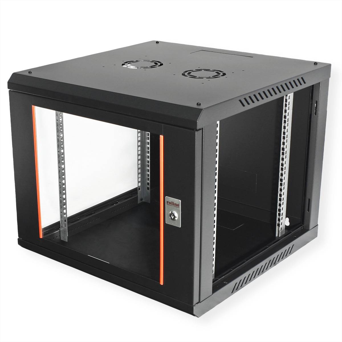 Schwarzer netzwerkschrank zur wandmontage mit transparenter frontür, lüftungsschlitzen an den seiten und einbauschienen im inneren.