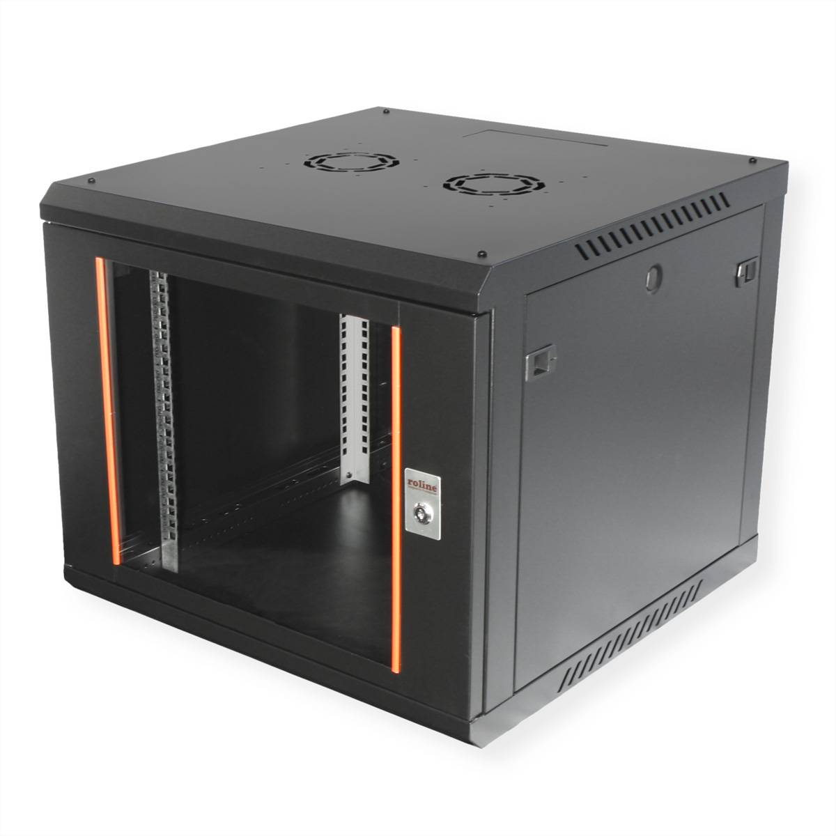 Ein schwarzes Wandmontage-Serverschrank-Gehäuse aus Metall mit einer Glastür an der Vorderseite und Belüftungsschlitzen oben. Es hat orange vertikale Streifen an den Seiten.